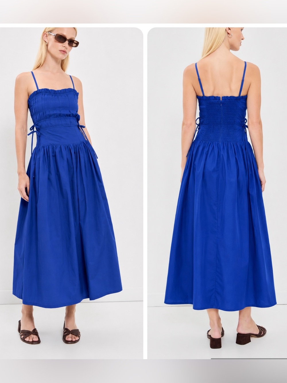 Moon River Pleated Smocked Ruffle Sleeveless Square Neck Cotton Blue Midi Dress